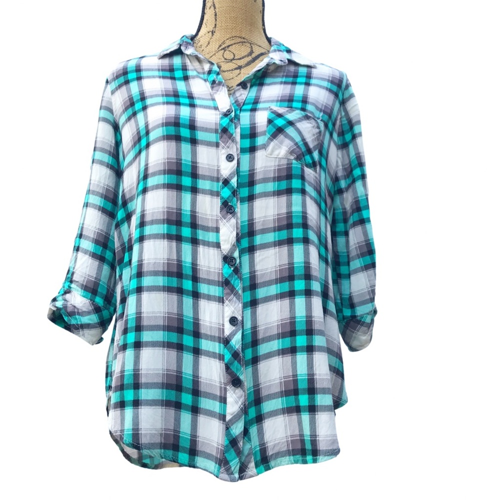 BONGO Green White Plaid 3/4 Pin Up Sleeve Button Up Shirt Sz L